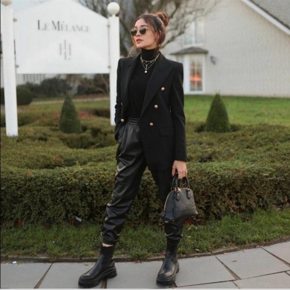 Zara Faux Leather Jogger Trousers Medium Black Drawstring Elastic Waist.